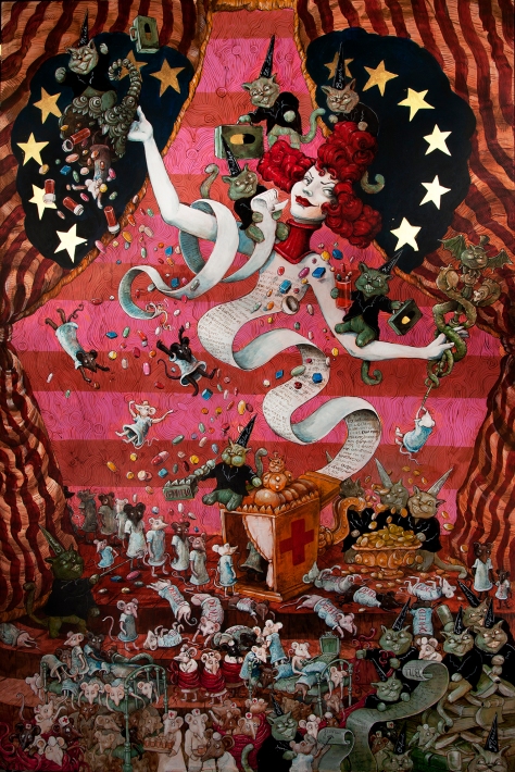 The Business of Illness.  Molly Crabapple.  2012-13. "Healthcare crisis in America. The Hippocratic oath is written on the receipt-body of the main figure." --Crabapple
